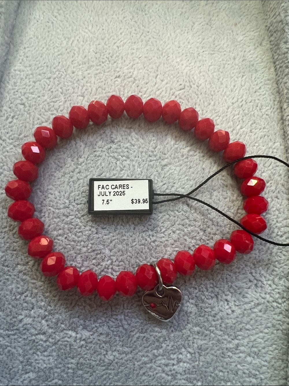 FAC Cares Red Faceted Bead Bracelet with Heart Charm